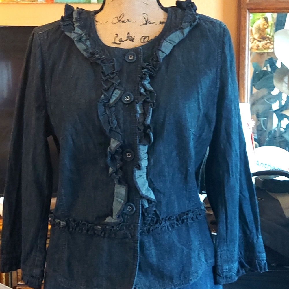 Ann Taylor LOFT DENIM JEAN JACKET 3/4 SLEEVES RUFFLED